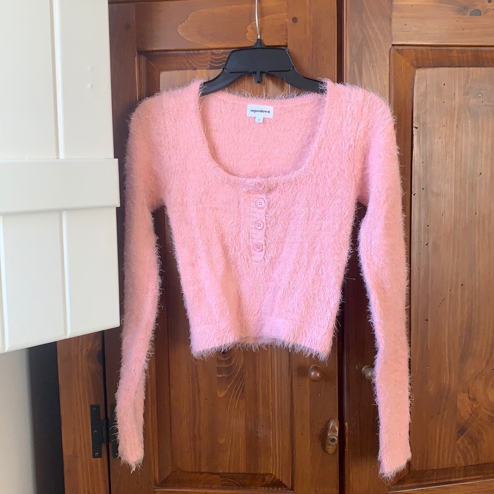 Superdown revolve pink fuzzy top